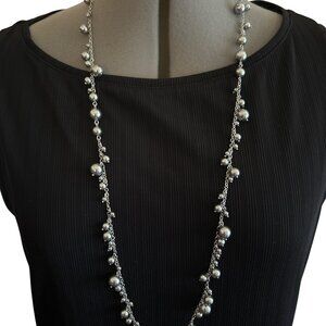 Talbots Silver-Tone Beaded Long Necklace With Lobster Clasp & Dangling Beads 36”